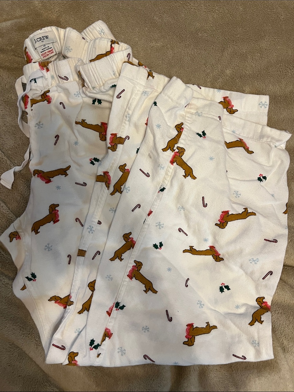 J. Crew White Flannel Pajama Pants with Festive Dachshund Print